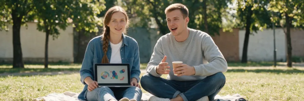 studentka-i-student-rozmawiaja-w-parku-przy-laptopie