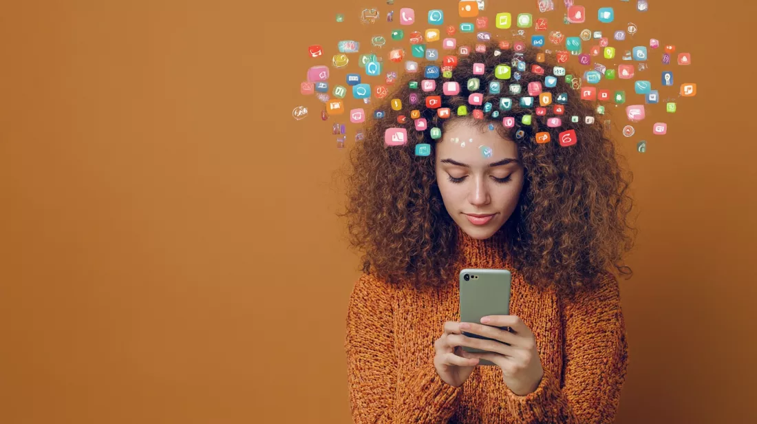 woman-with-social-media-logos-floating-around-her-head-brown-background