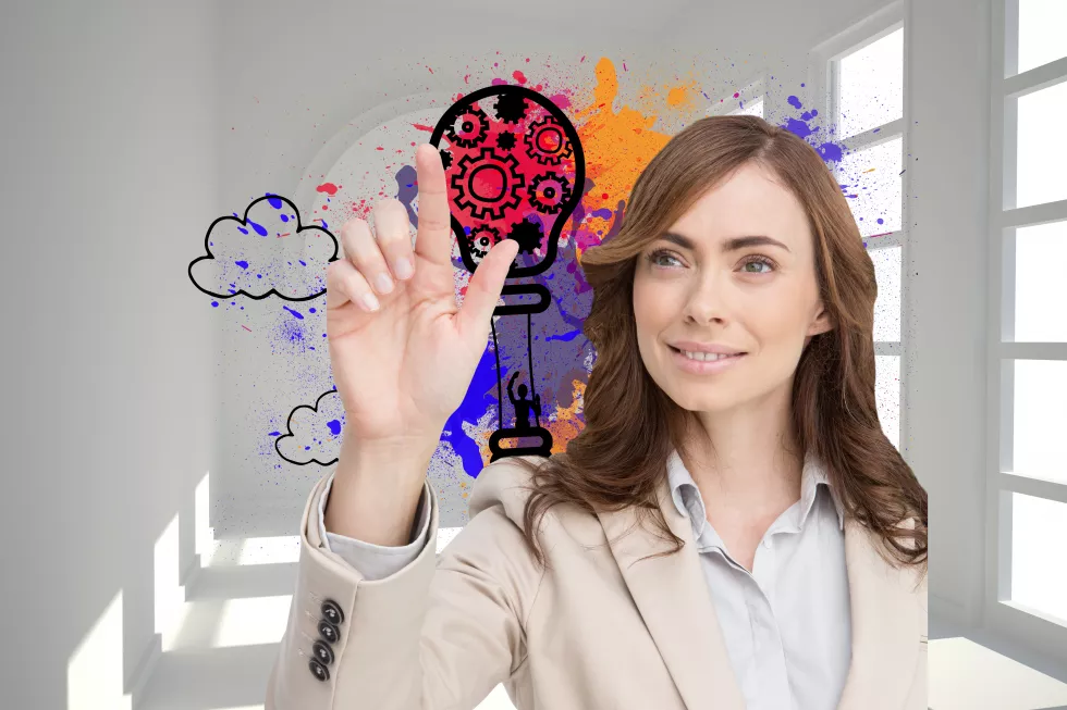composite-image-smiling-attractive-businesswoman-pointing