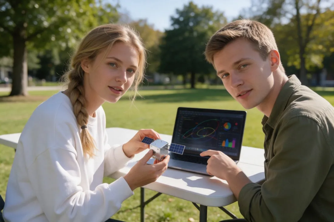 studentka-i-student-omawiaja-model-satelity-w-plenerze