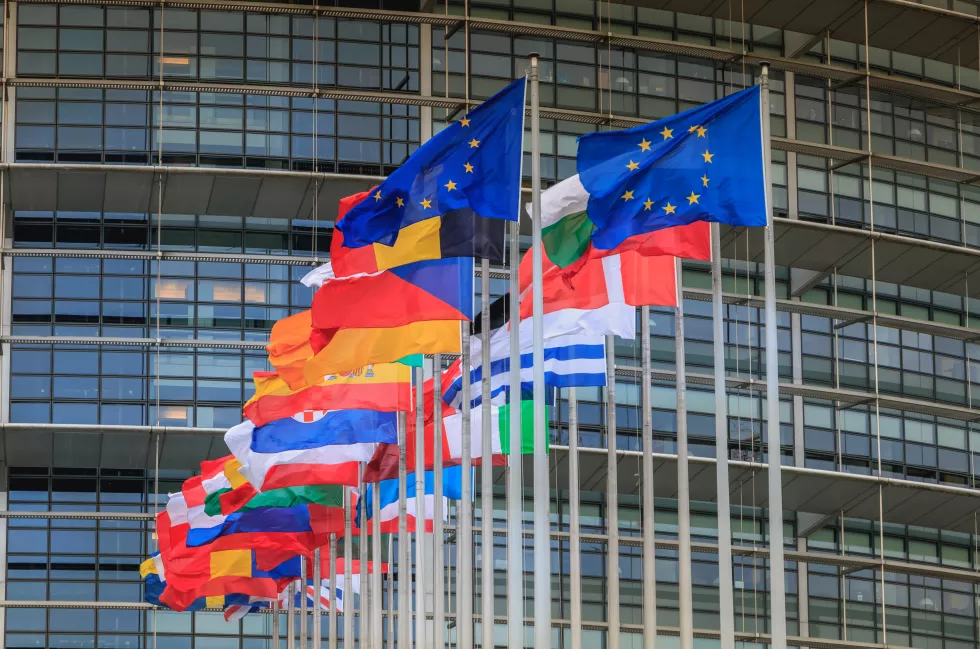 low-angle-view-flags-against-modern-building