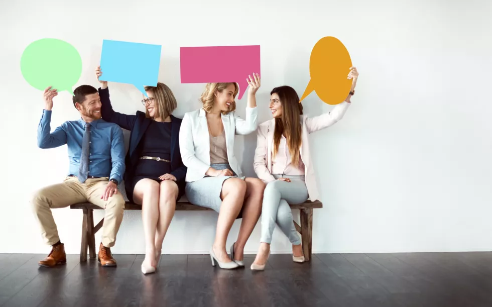 business-employees-happy-row-with-speech-bubble-portrait-text-message-social-media-people-candidates-communication-with-mockup-space-announcement-quote-white-background