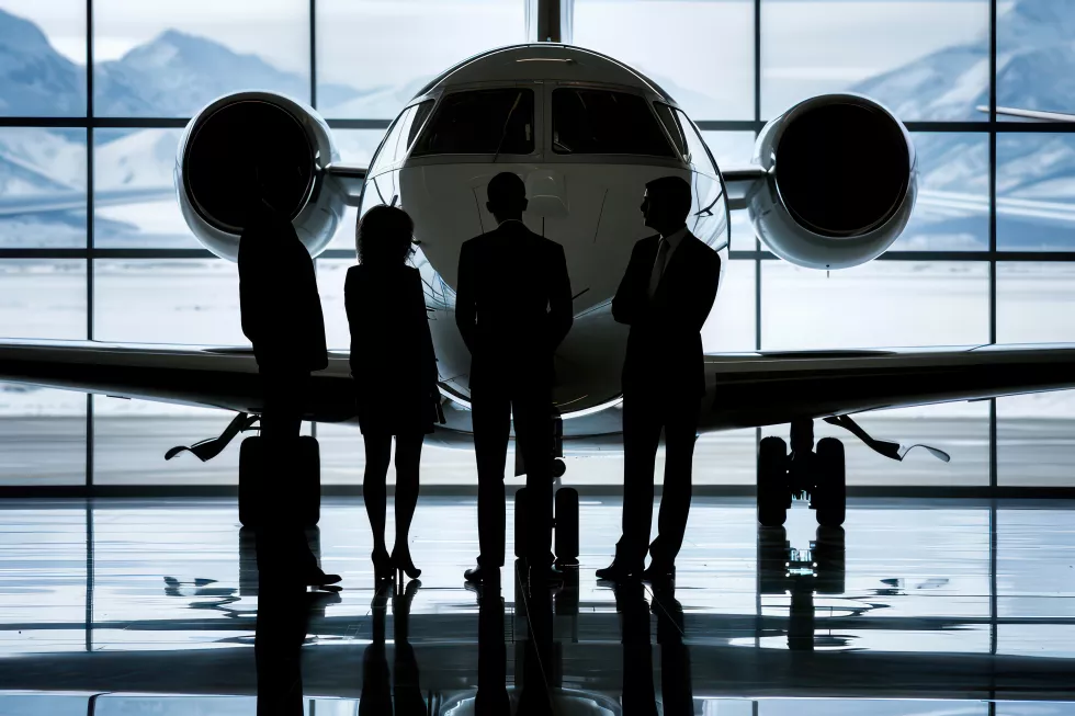 silhouettes-business-people-front-airplane