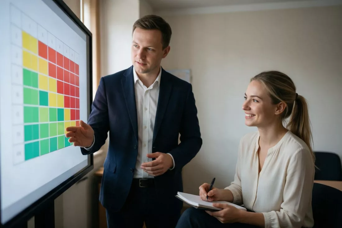 compliance officer prowadzi szkolenie dla pracownicy
