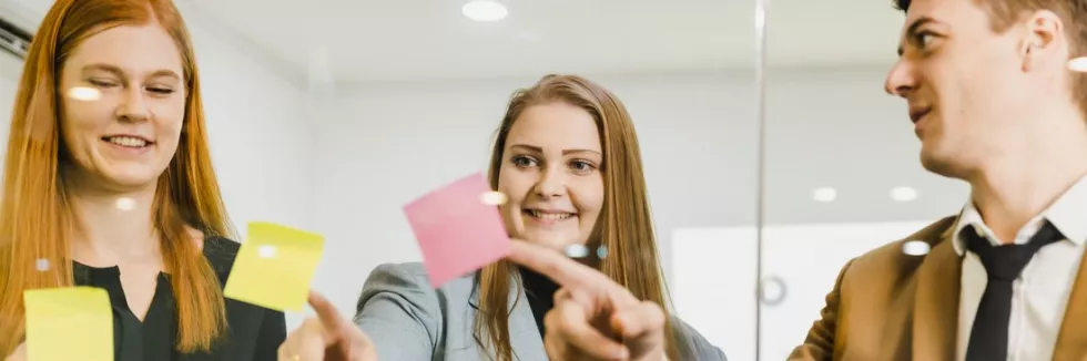 Business-Psychology-test-usmiechnieci-mlodzi-ludzie-na-warsztatach-z-karteczkami