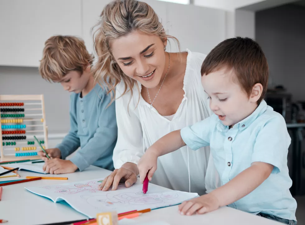 coloring-book-distance-learning-education-with-family-kitchen-home-together-child-development-creative-growth-homework-with-mother-boy-children-apartment-remote-school
