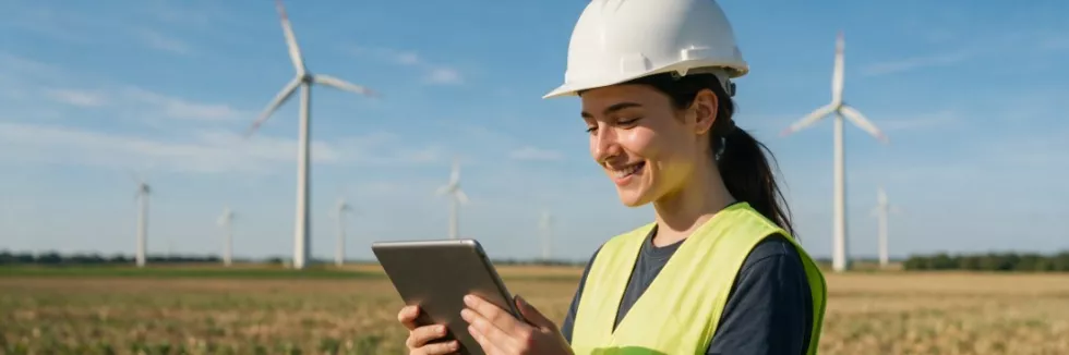 Gospodarka-zeroemisyjna-test-studentka-przy-turbinach-wiatrowych