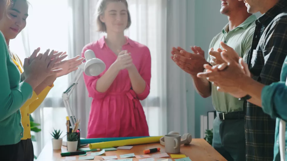 top-down-view-business-people-clapping-hands-celebrate-project-symposium