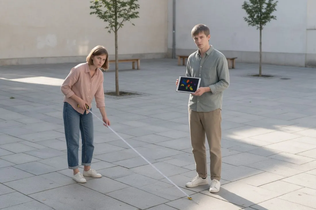 studentka-mierzy-plac-a-student-notuje-na-tablecie