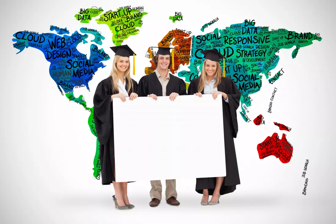 three-students-graduate-robe-holding-blank-sign-against-white-background-with-vignette