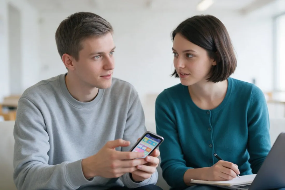 student-testuje-aplikacje-a-studentka-notuje