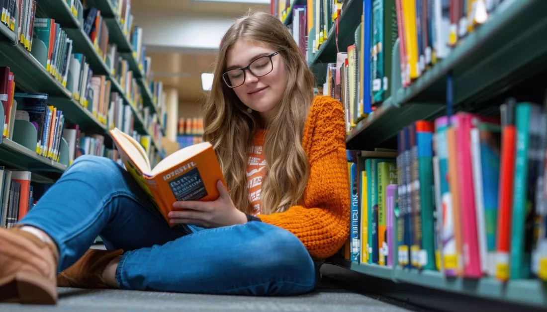 studentka-czyta-ksiazke-miedzy-regalami-w-bibliotece