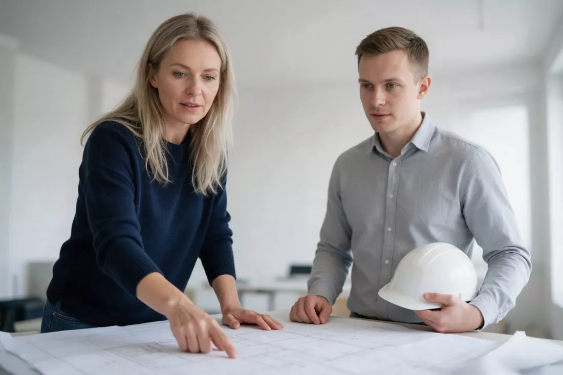 kierowniczka projektu budowlanego omawia rysunki z inżynierem