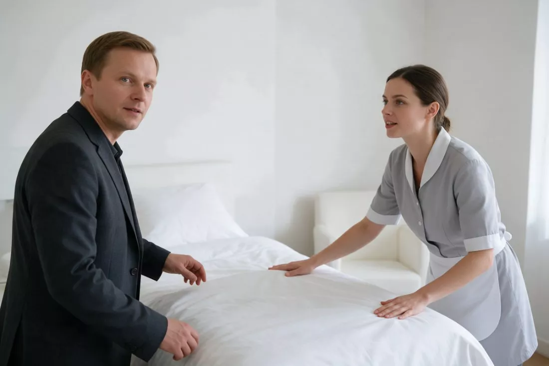 dyrektor hotelu i szefowa housekeepingu w pokoju