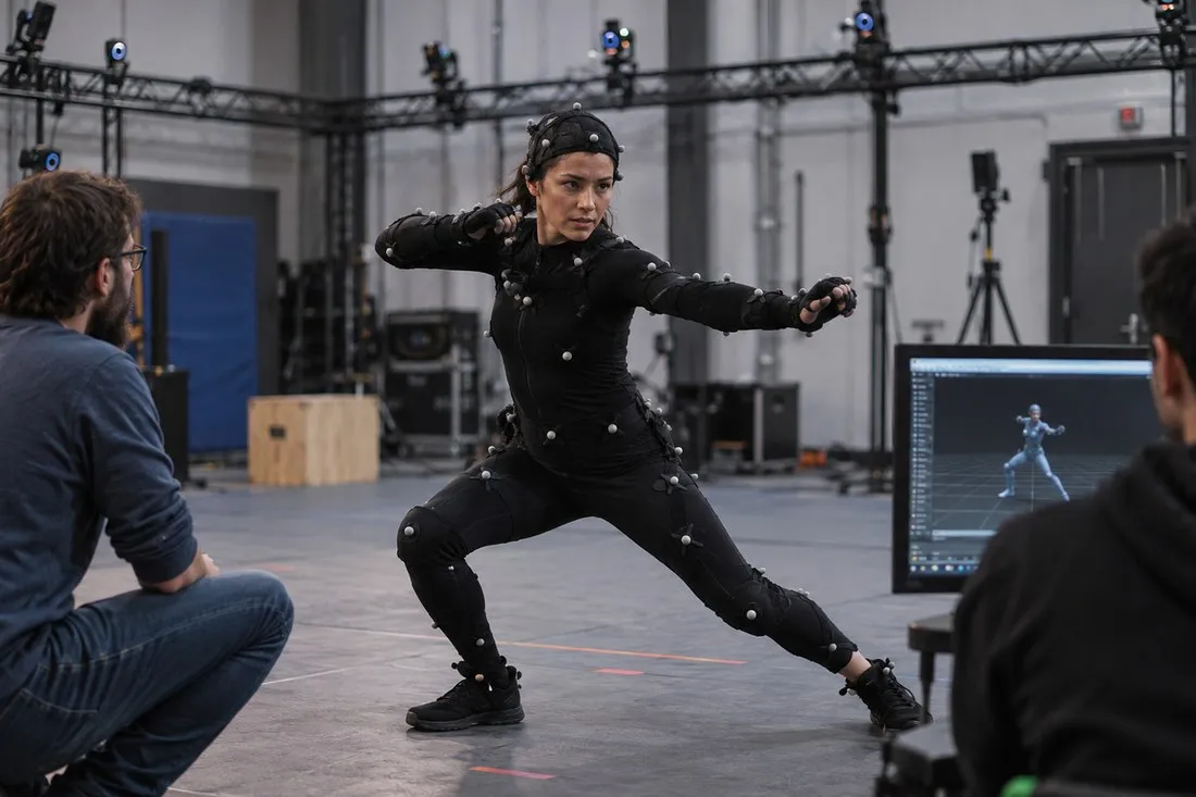 aktorka-w-kombinezonie-motion-capture-w-studiu-animacji