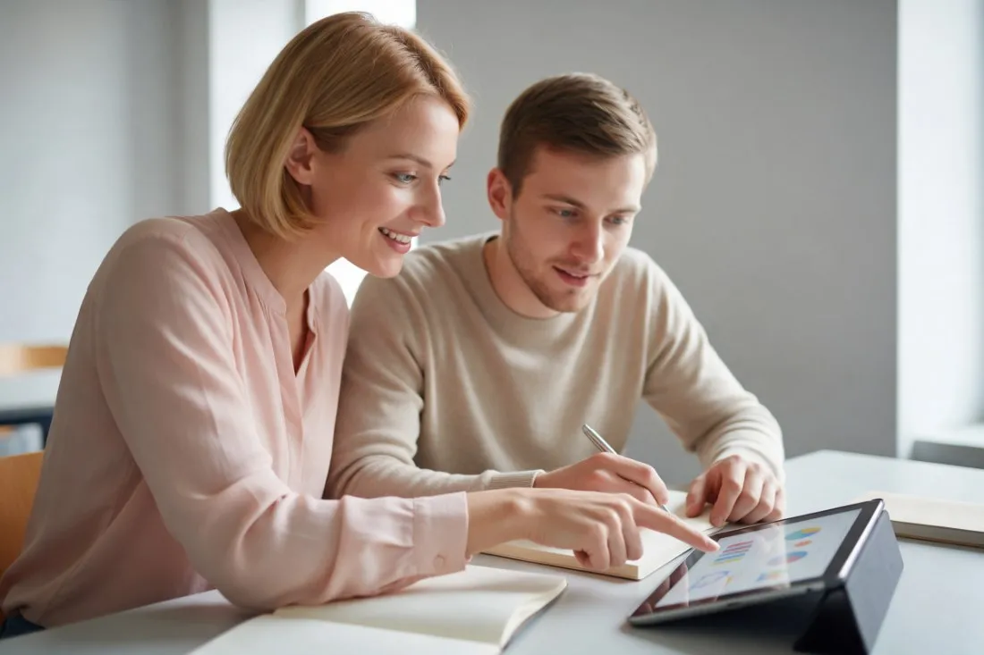 tutorka-wyjasnia-studentowi-modul-kursu-na-tablecie