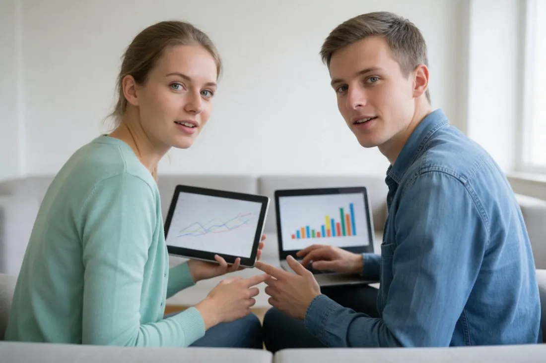 studenci-porownuja-wykresy-ekonomiczne-na-tablecie-i-laptopie