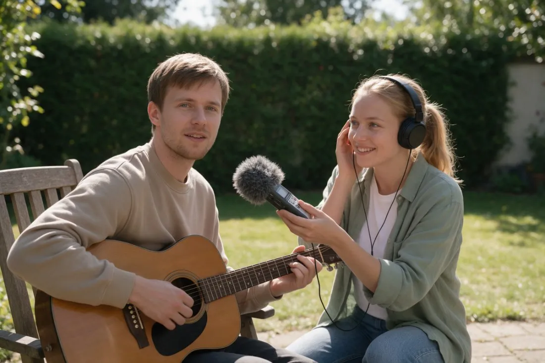 studentka-nagrywa-gitarzyste-w-ogrodzie