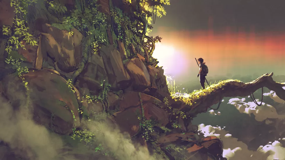 man-standing-giant-branch-looking-sunset-horizon-digital-art-style-illustration-painting