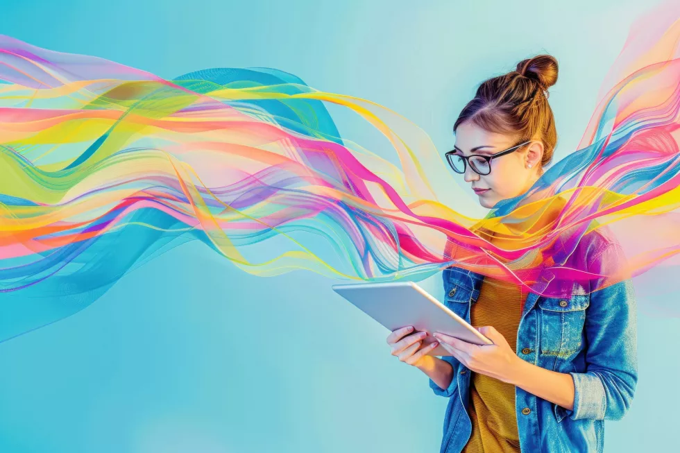 woman-glasses-holding-tablet-computer-with-colorful-swirls-around-head-futuristic-technology-concept