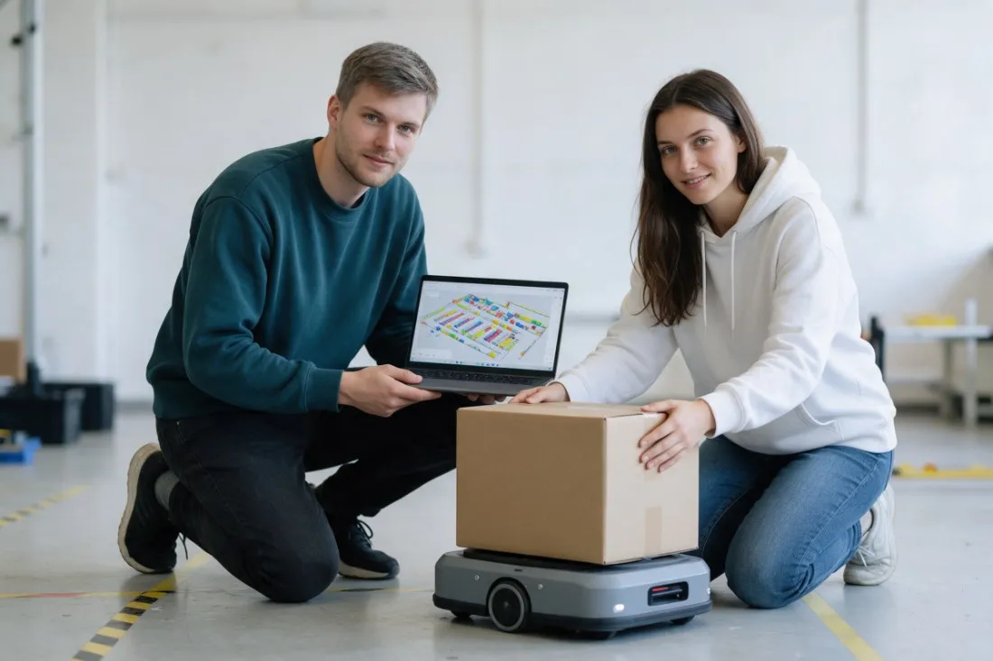 student-i-studentka-testuja-autonomicznego-robota-magazynowego