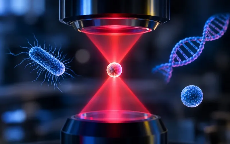 Ilustracja szczypiec optycznych – wiązka lasera chwyta mikroskopijny obiekt obok bakterii i nici DNA