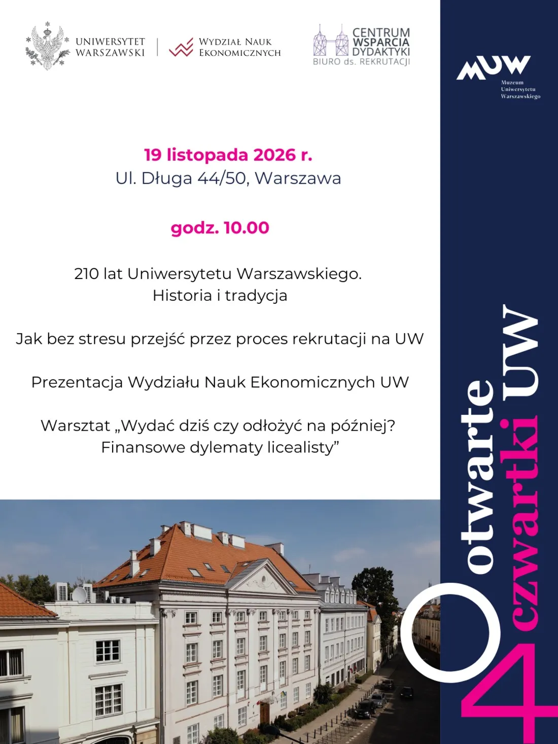 Plakat Otwartego Czwartku UW na Wydziale Nauk Ekonomicznych 19 listopada 2026 z programem spotkania