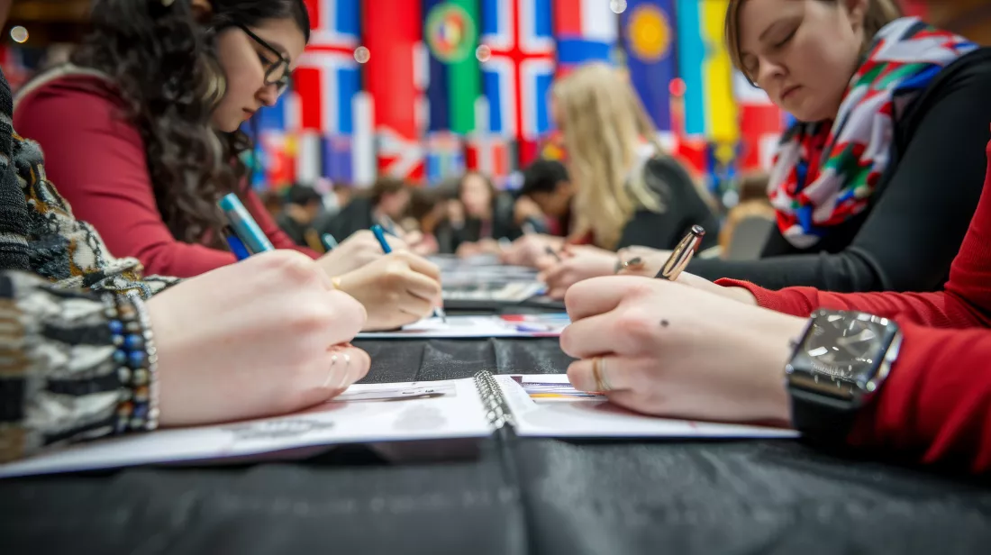 international-delegates-writing-notes-with-various-world-flags-background(2)