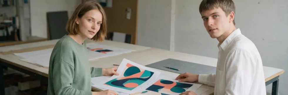 studenci-projektowania-porownuja-wydruki-abstrakcyjnych-plakatow