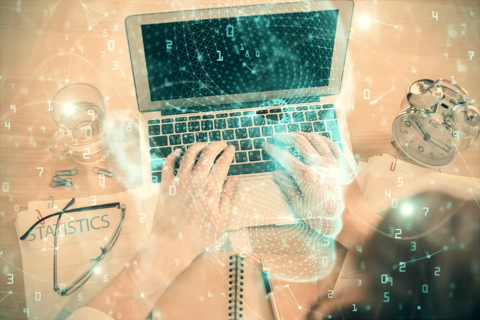 double-exposure-mans-hands-typing-computer-keyboard-brain-hologram-drawing-top-view-ai-data-technology-concept