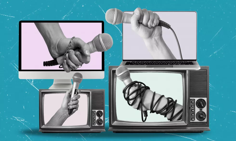 modern-art-collage-lots-retro-tvs-with-hand-microphone-sticking-out-it