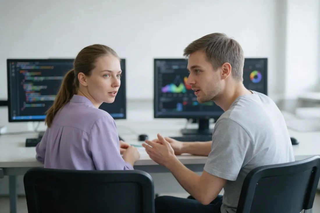 student-pokazuje-studentce-wyniki-modelu-w-pracowni-komputerowej