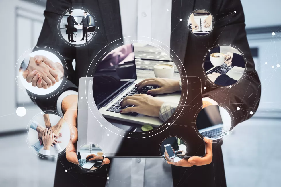 business-online-multitasking-concept-with-steps-work-using-laptop-calling-handshaking-making-notes-drinking-coffee