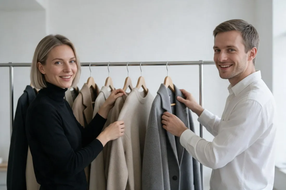 stylistka-poprawia-plaszcz-modela-w-parku
