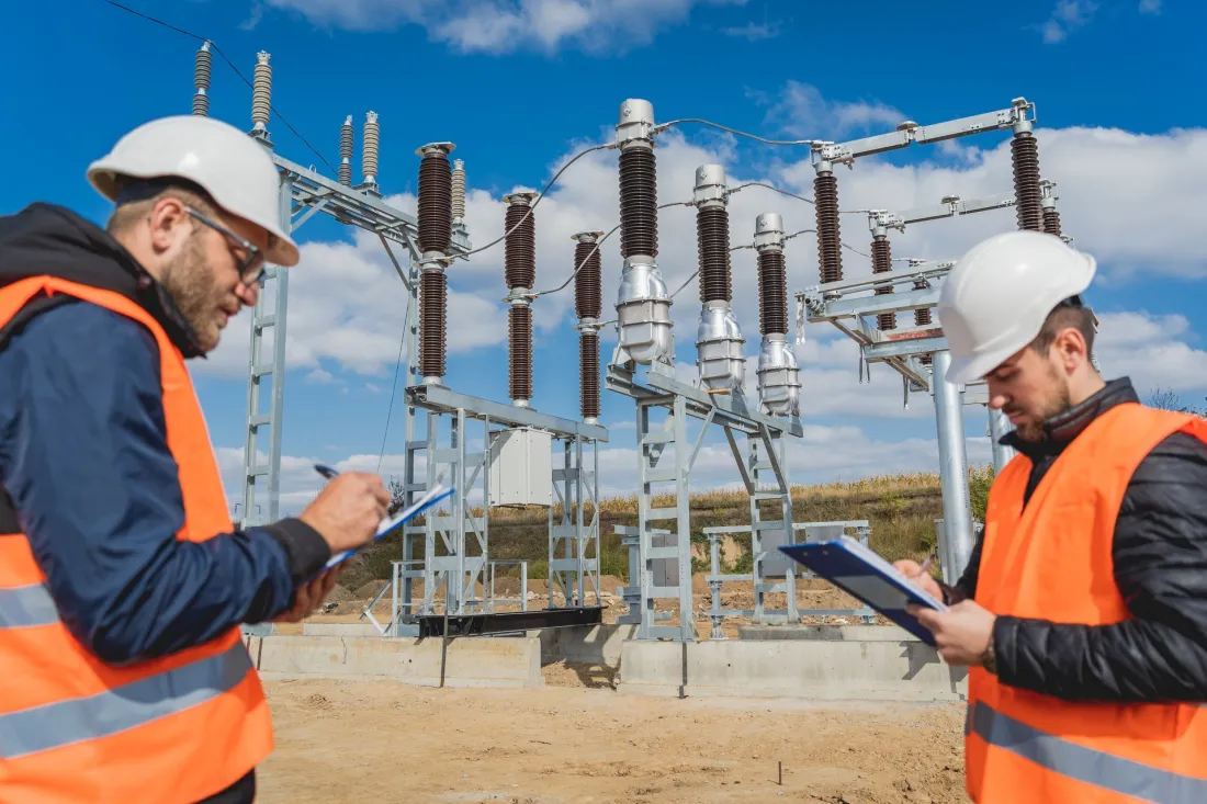 Dwaj inżynierowie w kaskach i kamizelkach kontrolują budowę stacji elektroenergetycznej