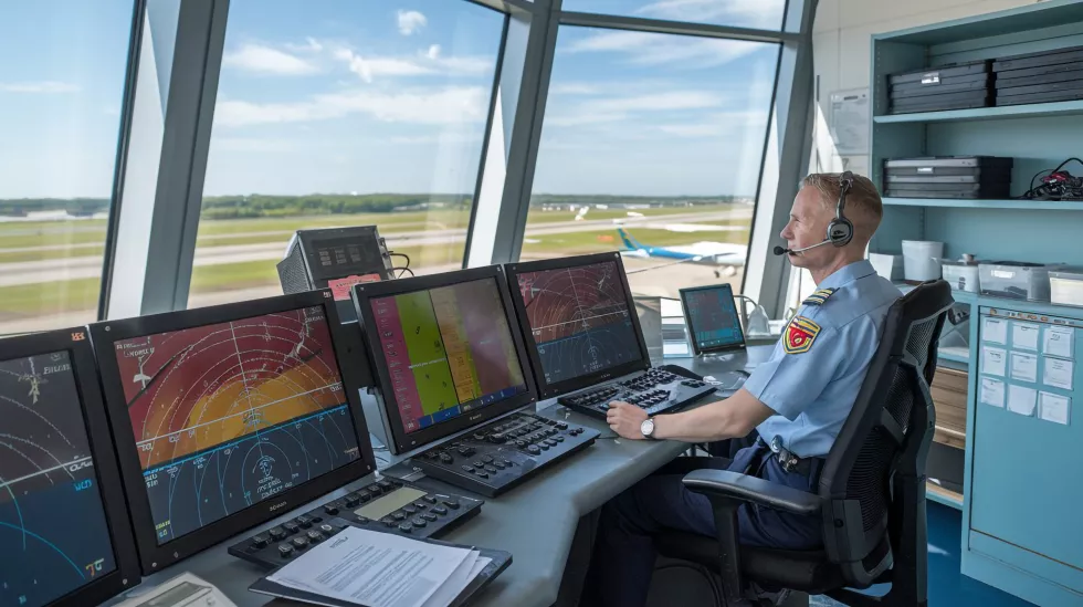 man-sits-chair-front-window-with-monitors-monitors-with-red-yellow-logo-front