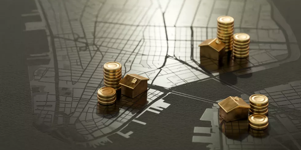business-planning-real-estate-business-mortgage-investment-financial-loan-concept-generic-golden-coins-black-background-3d-render