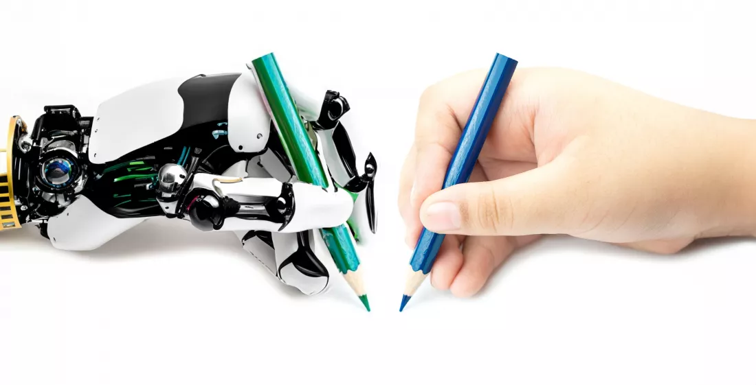 robotic-hands-humans-create-draw-images-digital-platform-holding-pencil